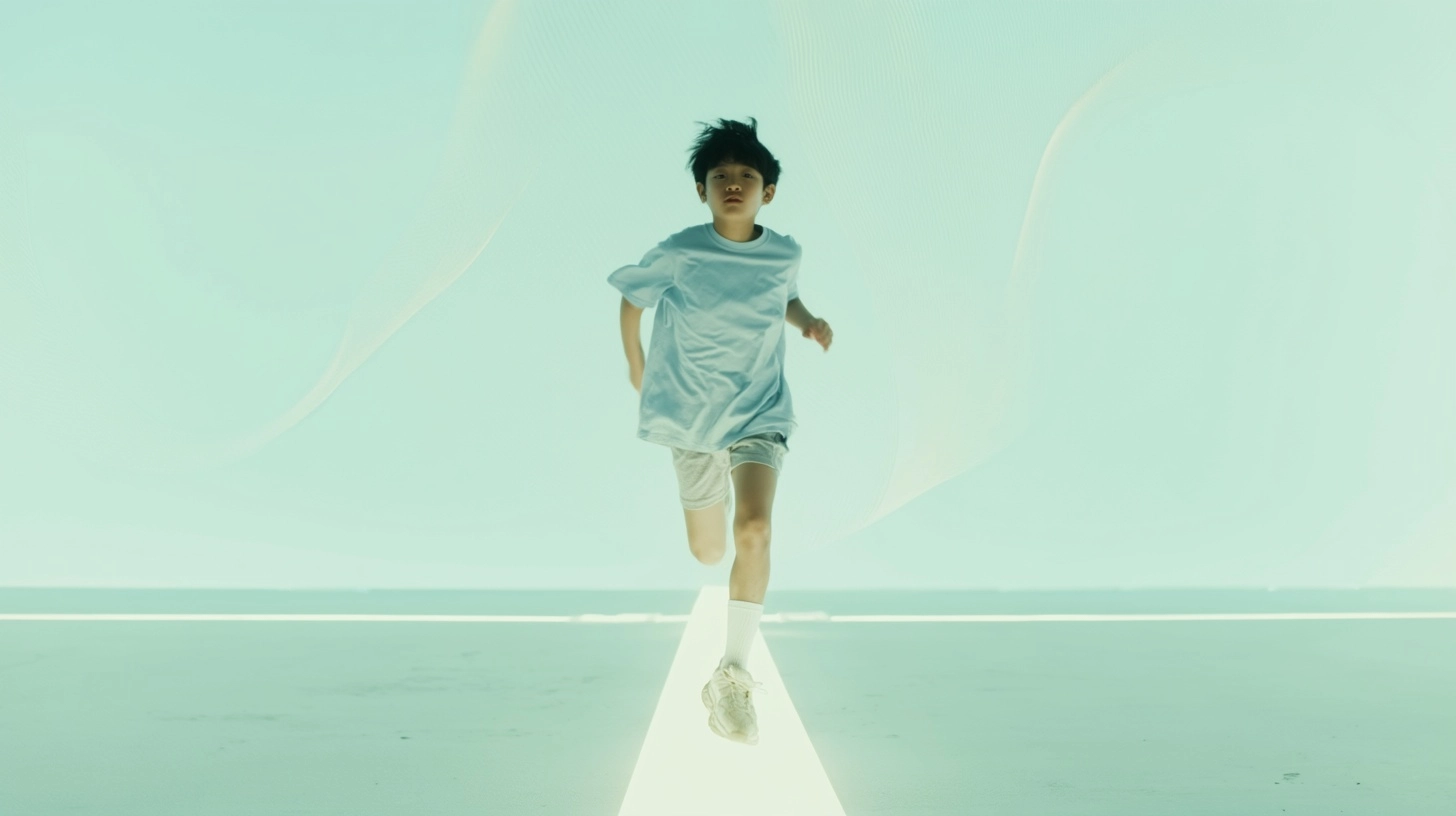 Photorealistic cinematic still, anamorphic lens, bright luminous space flooded with soft white light