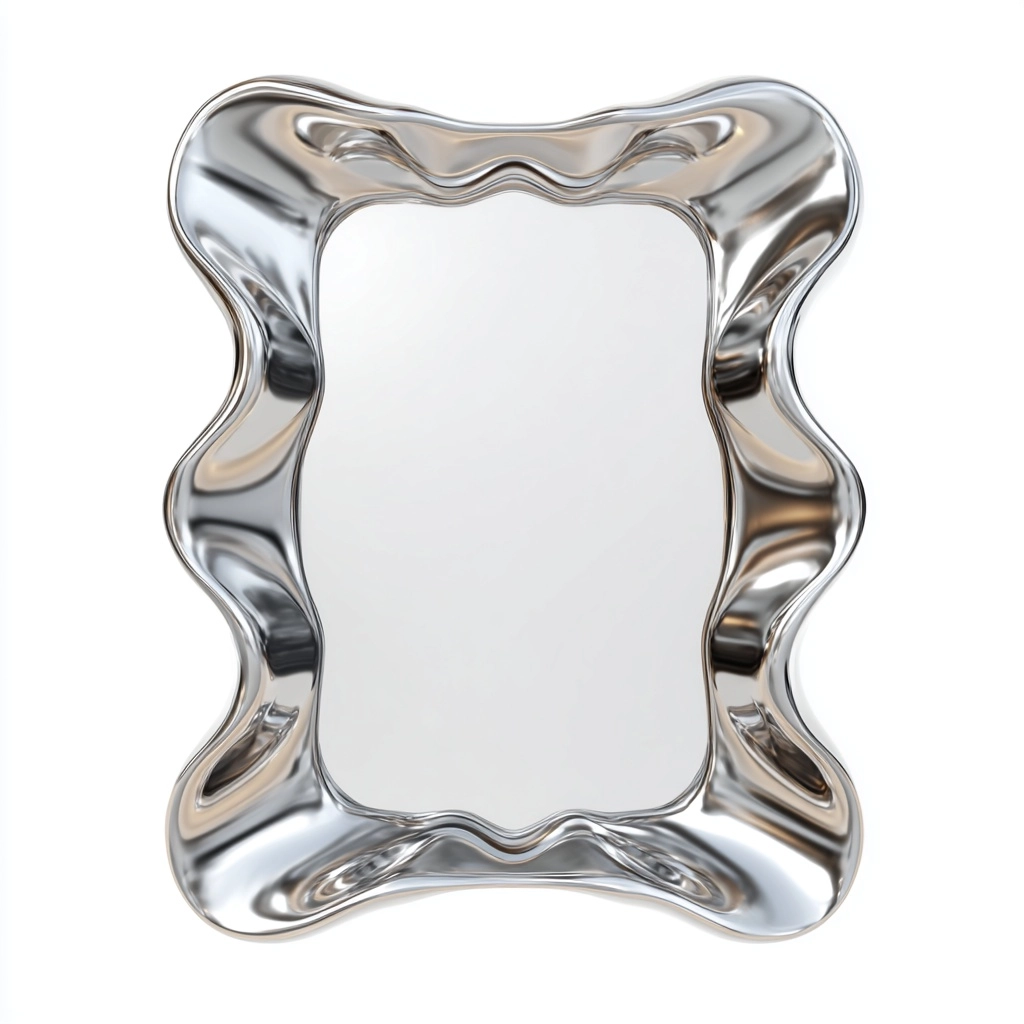 Perfect shot. Front view. Futuristic liquid-chrome framed wall mirror with a wavy