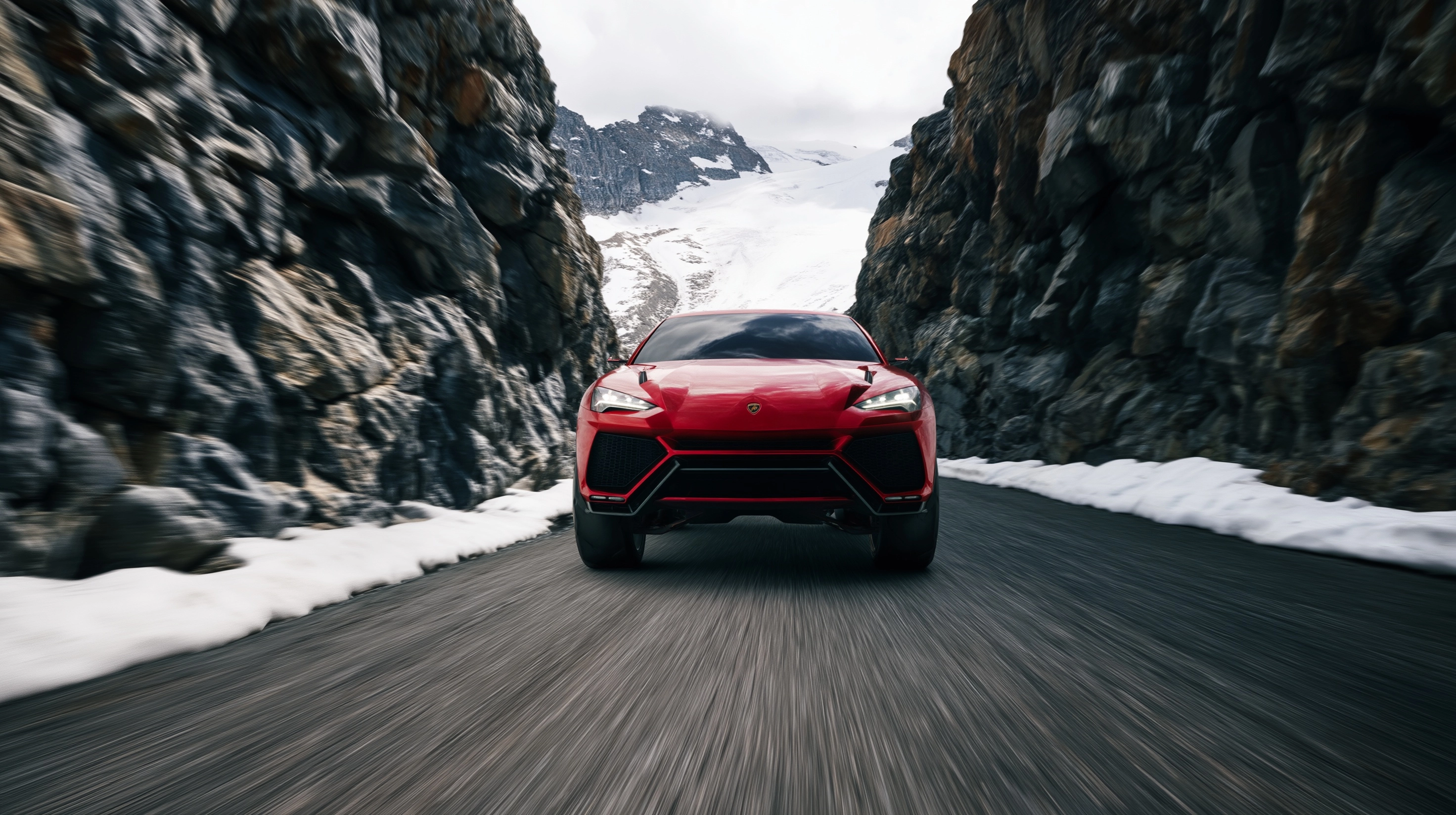Ultra futuristic SUV bolting through narrow passing on a snow mountains terrain