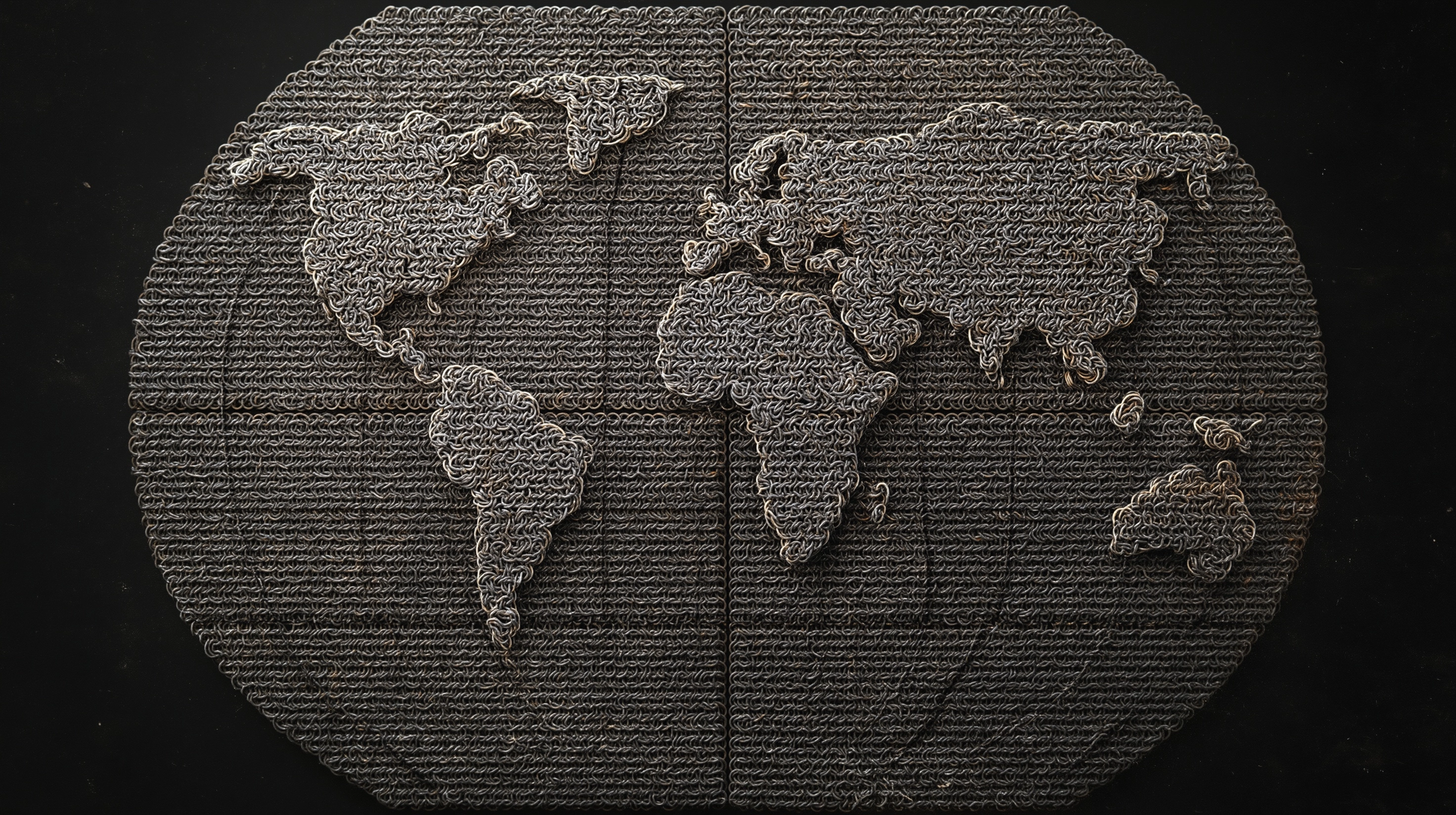 Top-down orthographic view of a world map made entirely of chainmail