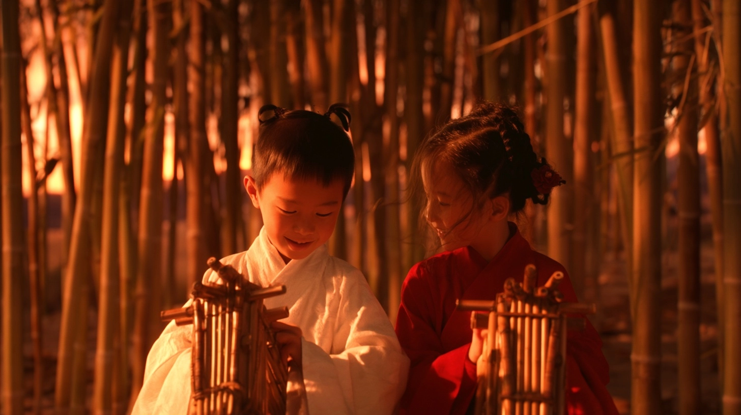 A premium cinematic close-up of a young ancient Chinese boy in white and a young ancient Chinese gir