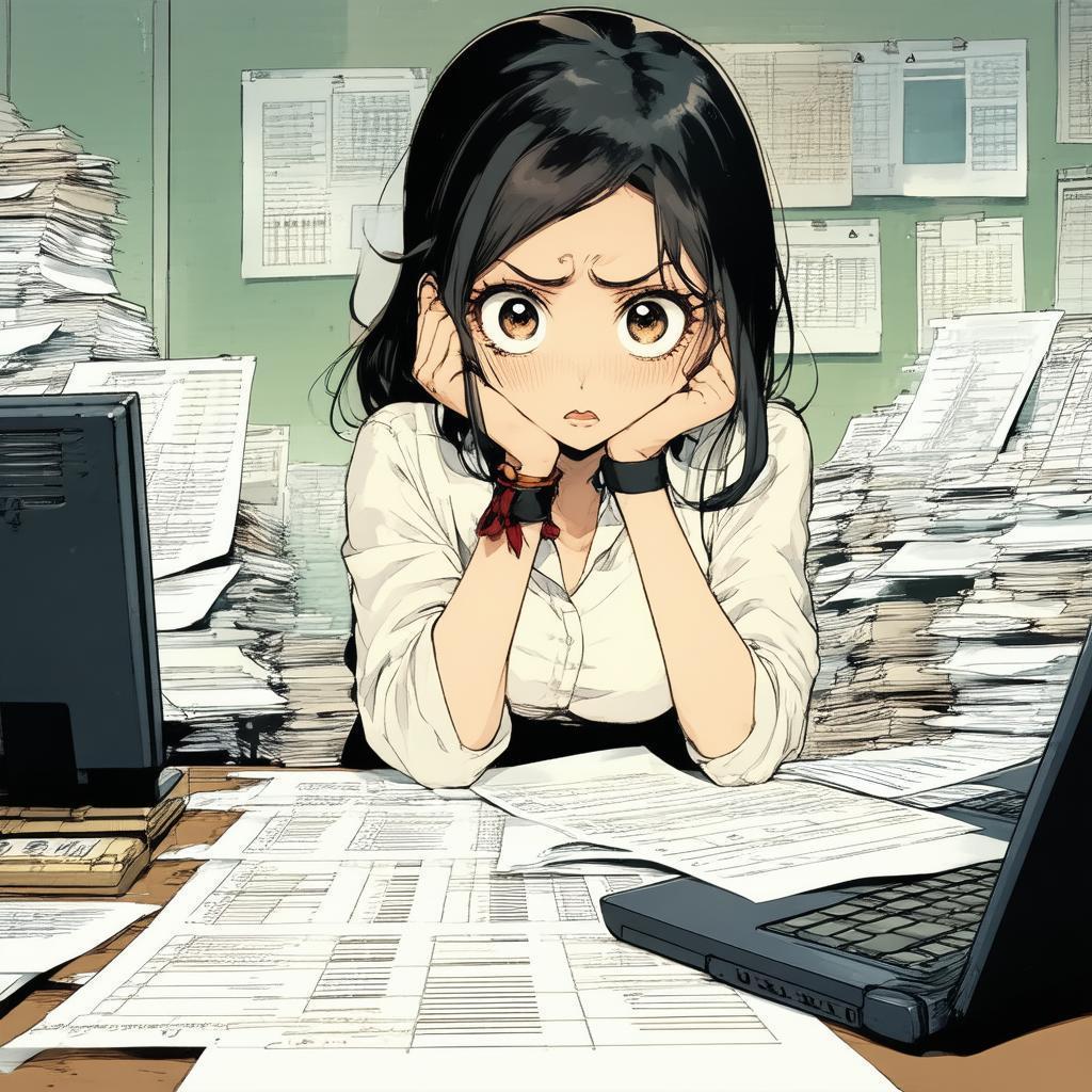 Confused Manga Bookkeeper Buried in Paperwork