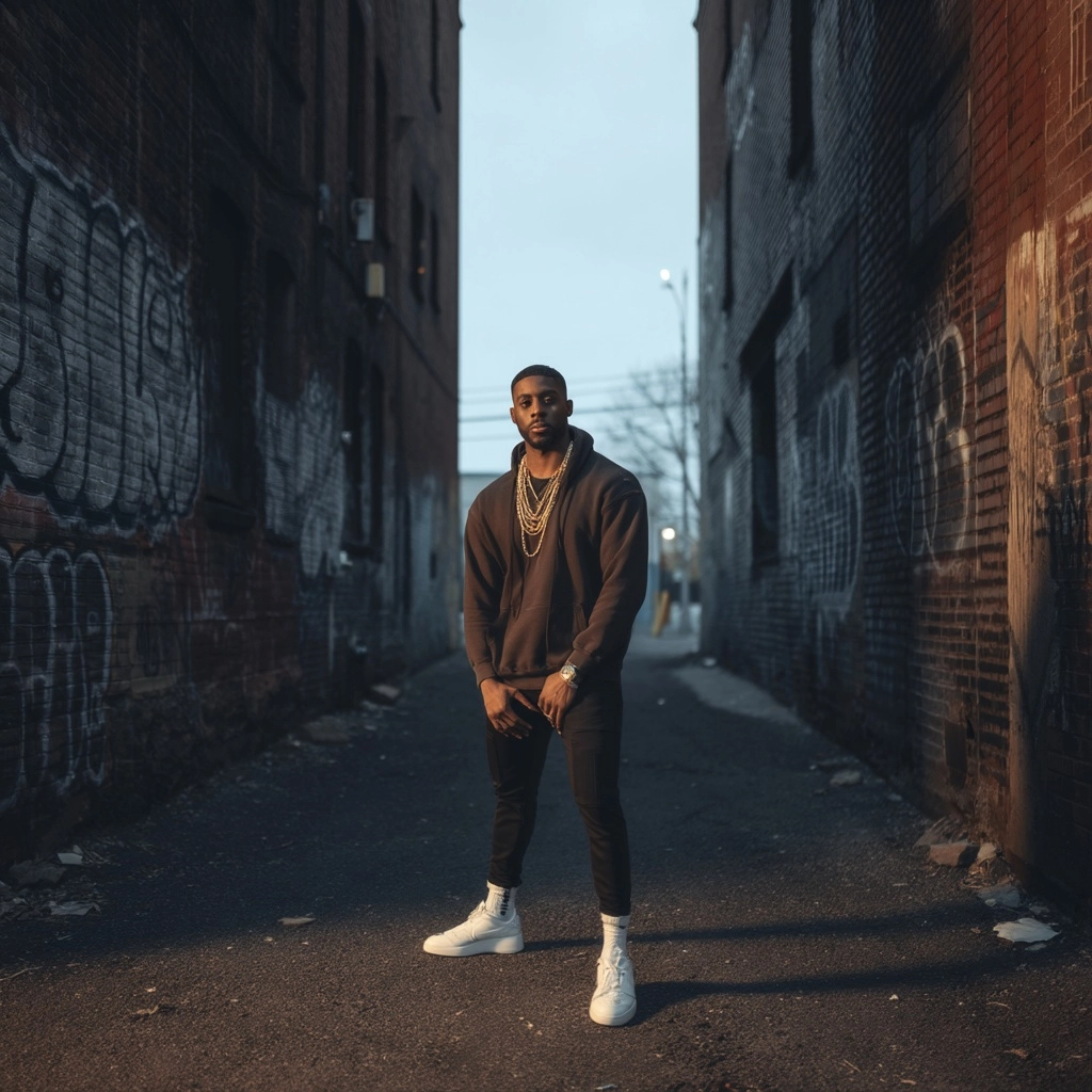 Urban rapper standing in street alley, graffiti walls, gold chains, hoodie, confident pose