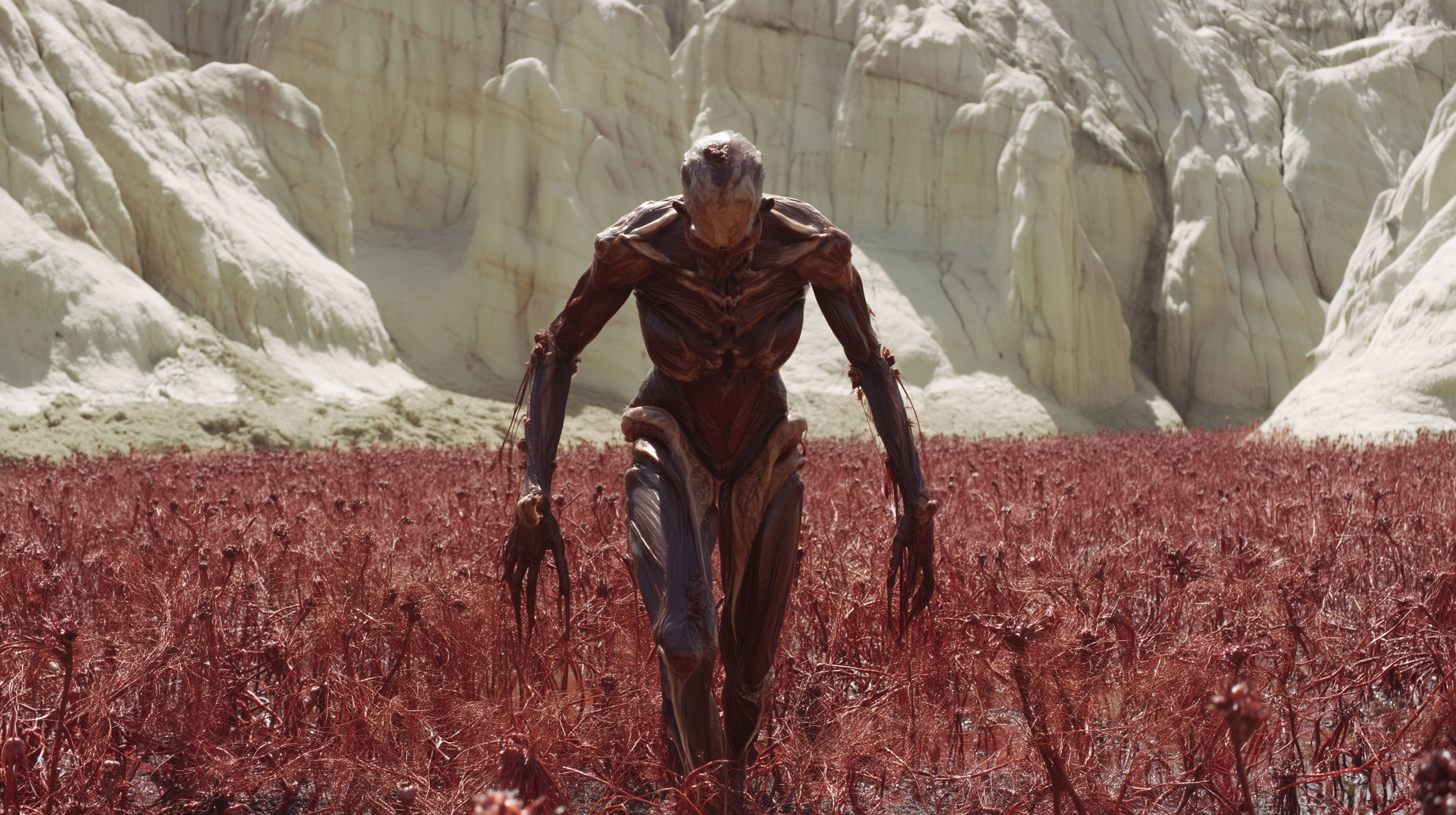 A cinematic film still of a crimson blight stalker, full body visible