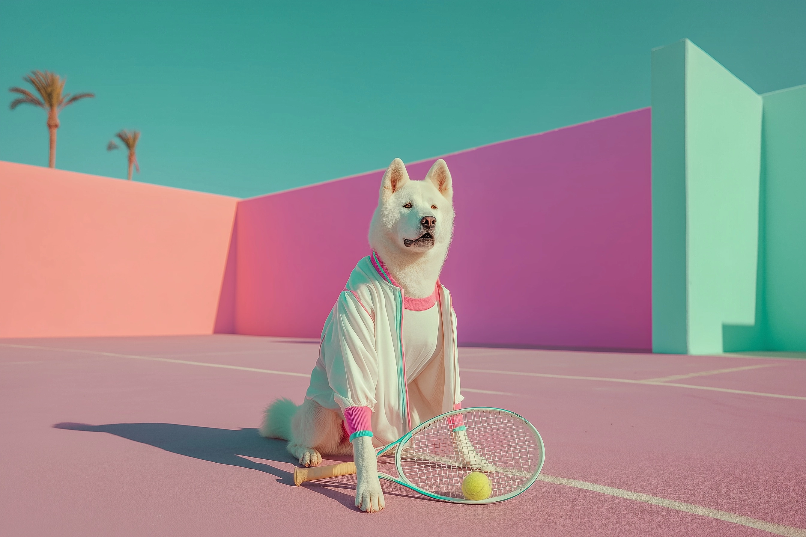 Akita dog sitting like a human, holding a retro tennis racket