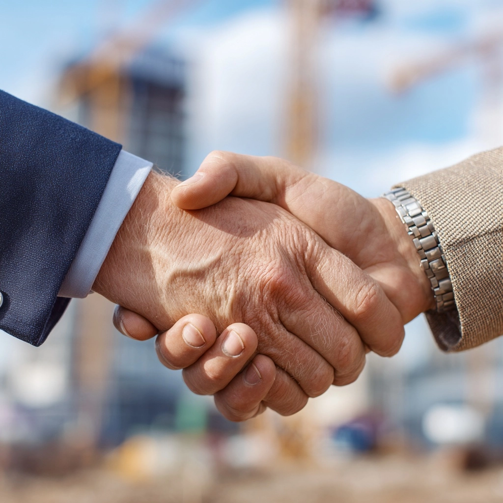 Ultra realistic close-up photo of a firm handshake between two businessmen