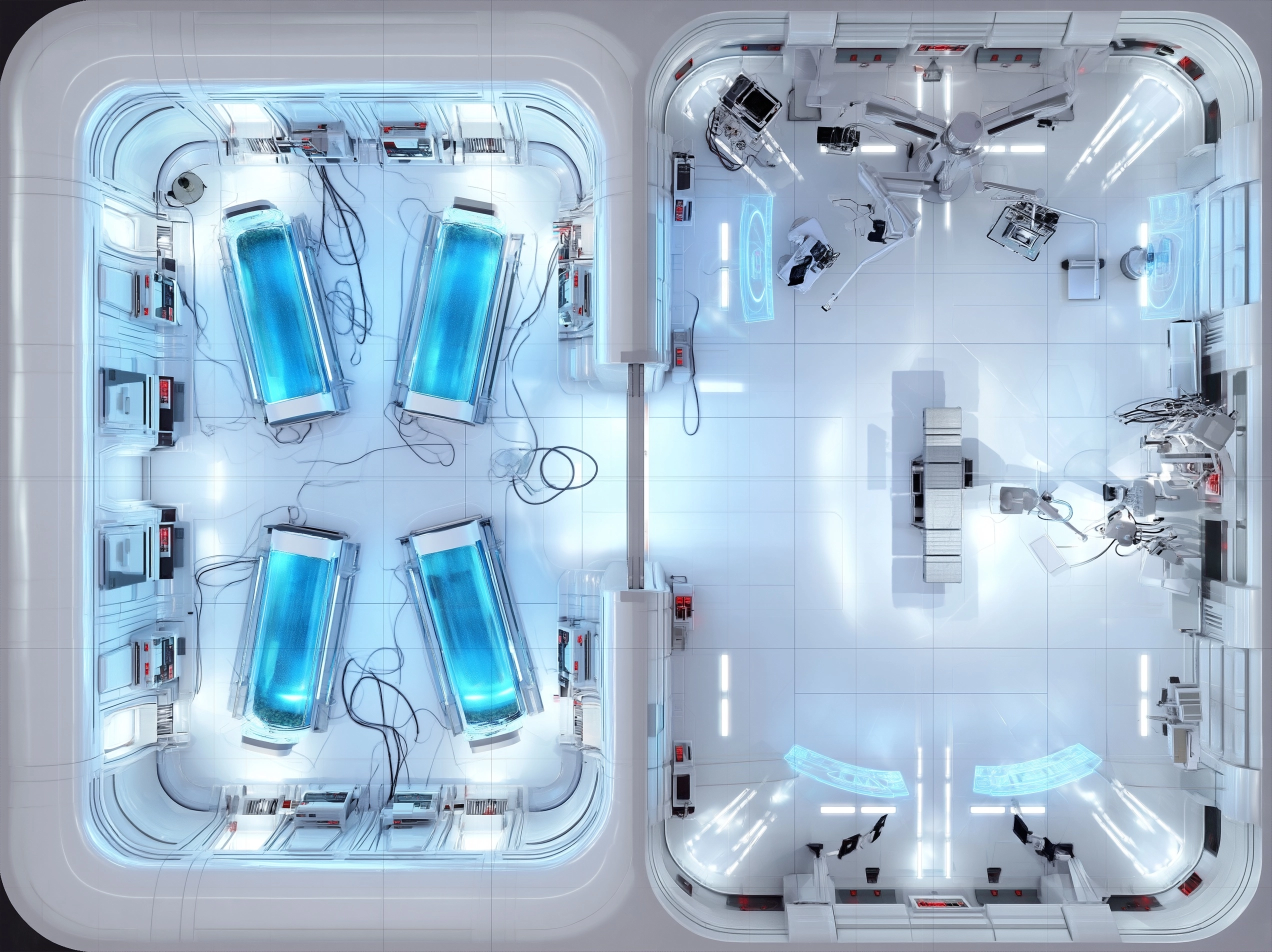 True top-down battlemap of a high-end Coruscant medical facility owned by Vellan Arrandar. Clean mul