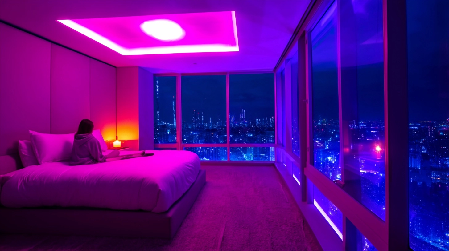 Young woman in hoodie sitting on bed in luxury penthouse bedroom at night
