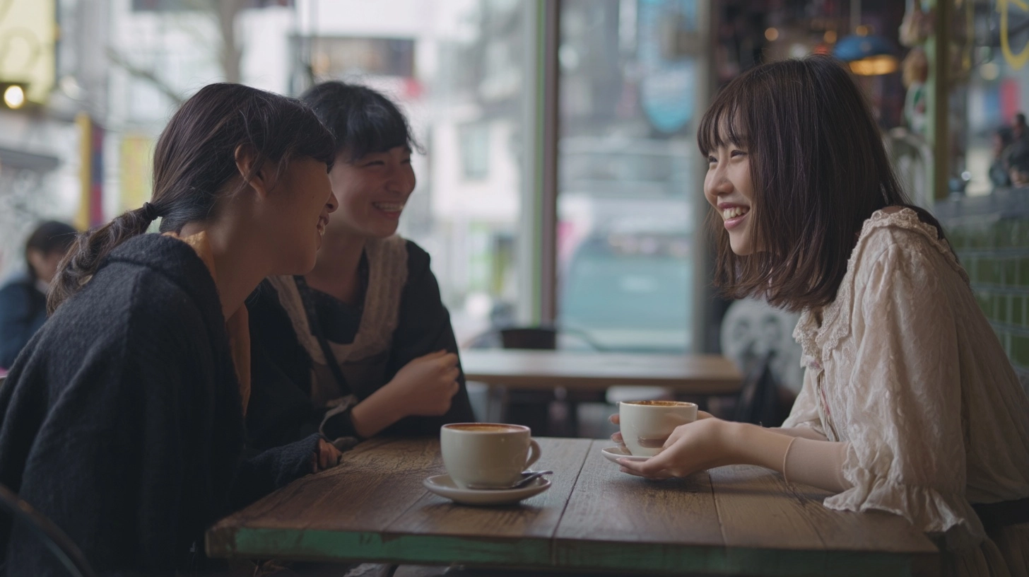 Young Japanese girls enjoying coffee at a stylish cafe in Harajuku, Tokyo