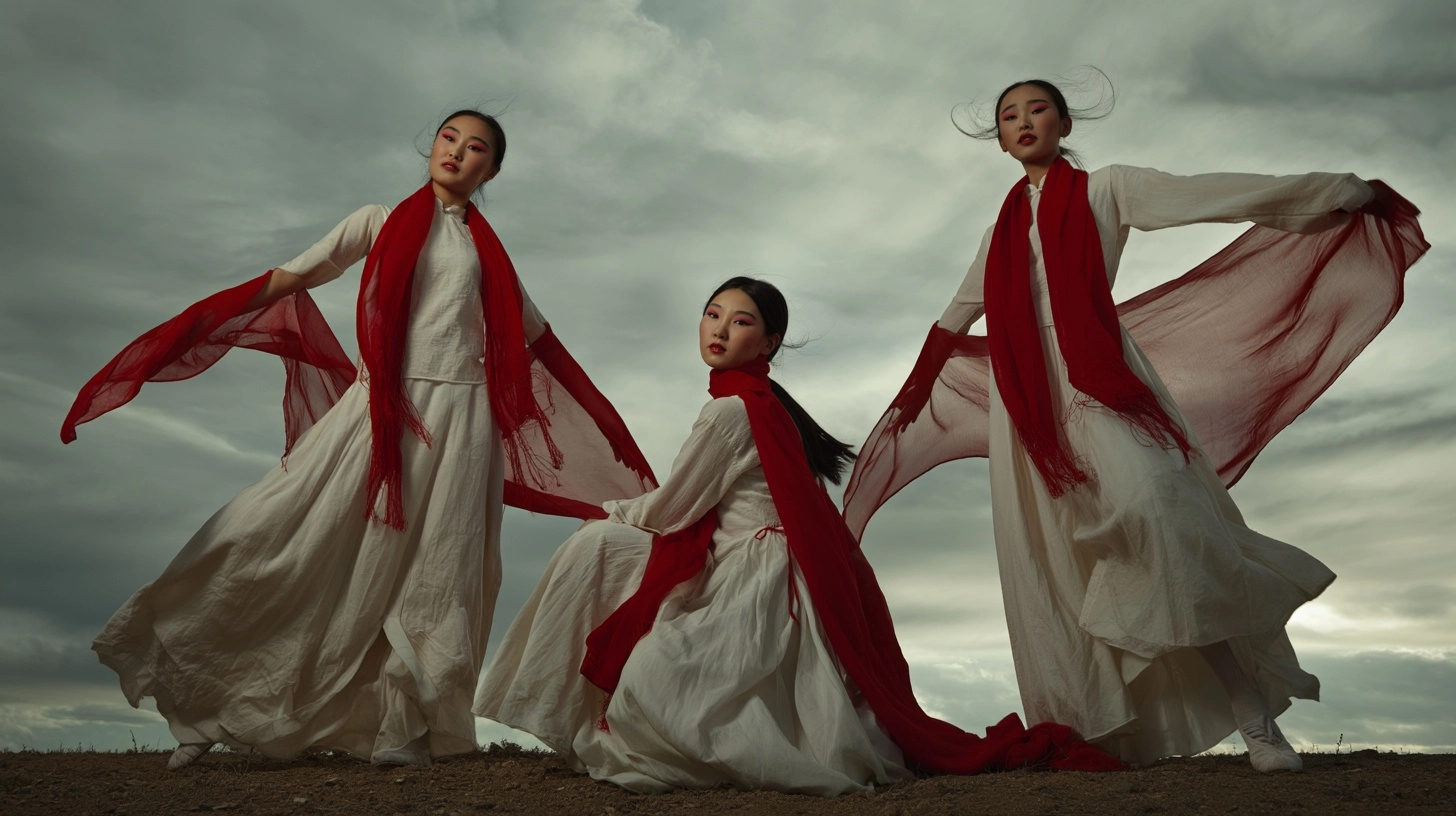 3girls,group,chinese prairie dancers,1960s model opera dance,close low angle shot