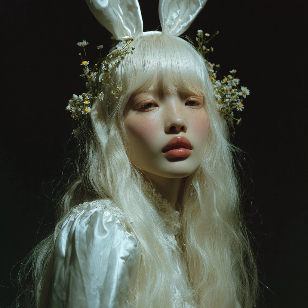 A realistic close up photo of a white woman with very long pale blonde fingerwaved and flowy hair
