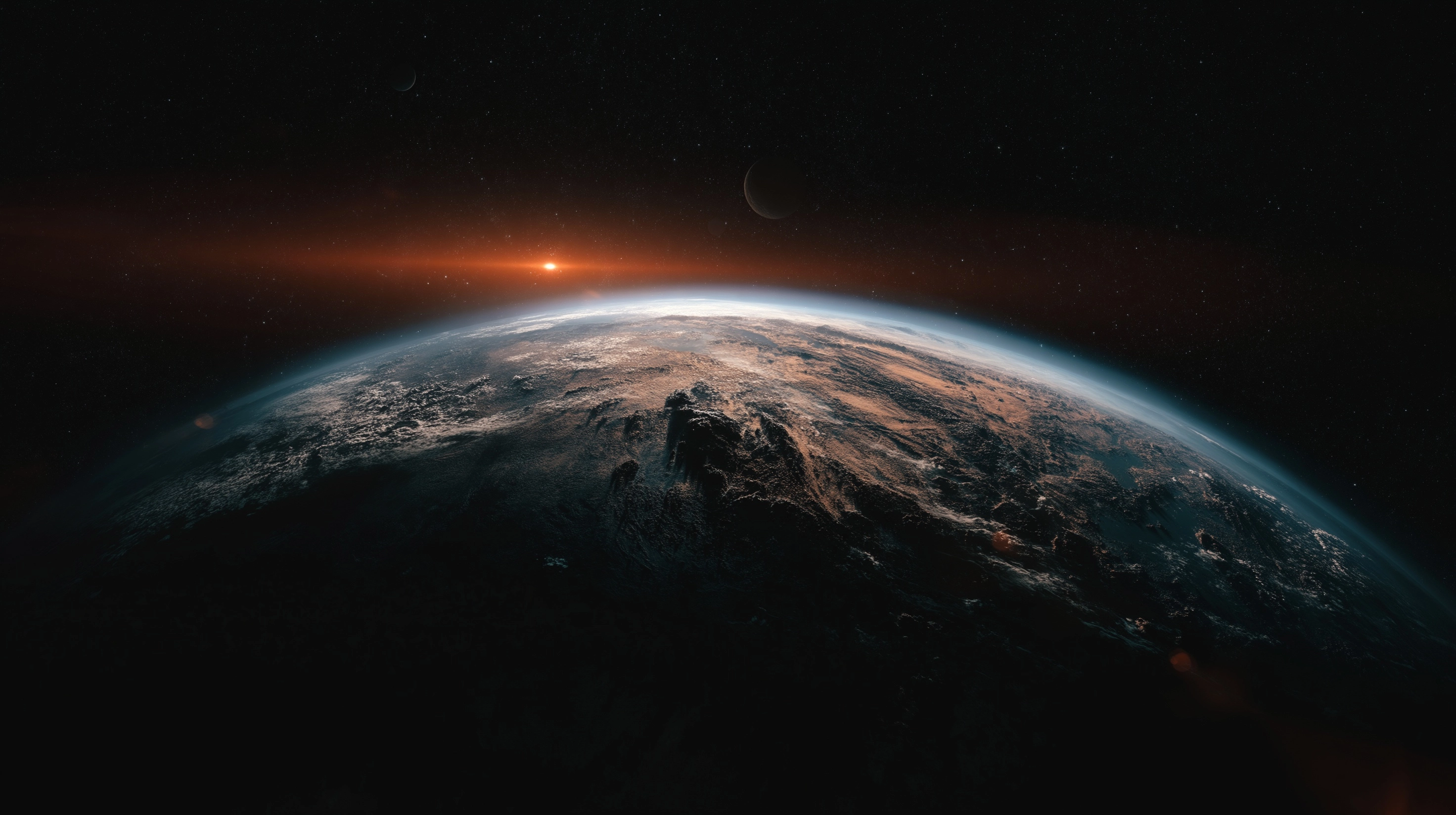 Lonely distant abandoned planet like earth in empty space covered by shadow. Stars in background