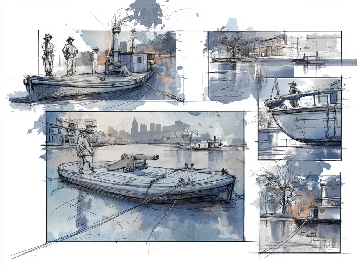 Concept sheet , Vintage storyboard rough quickstyle sketches of an anchored flat wooden barge with a