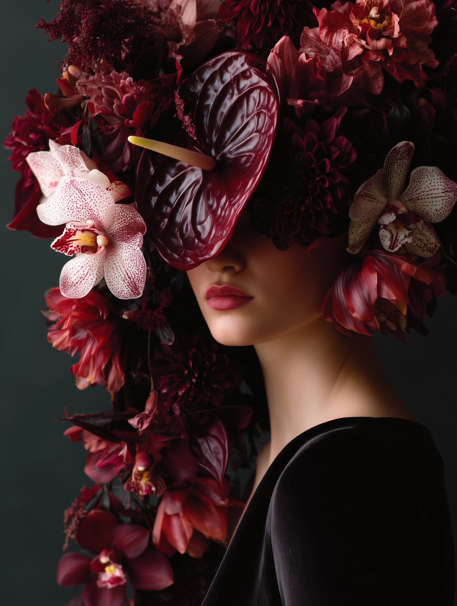 Dark editorial wedding bouquet deep burgundy and wine color palette anthurium and orchid flowers dra