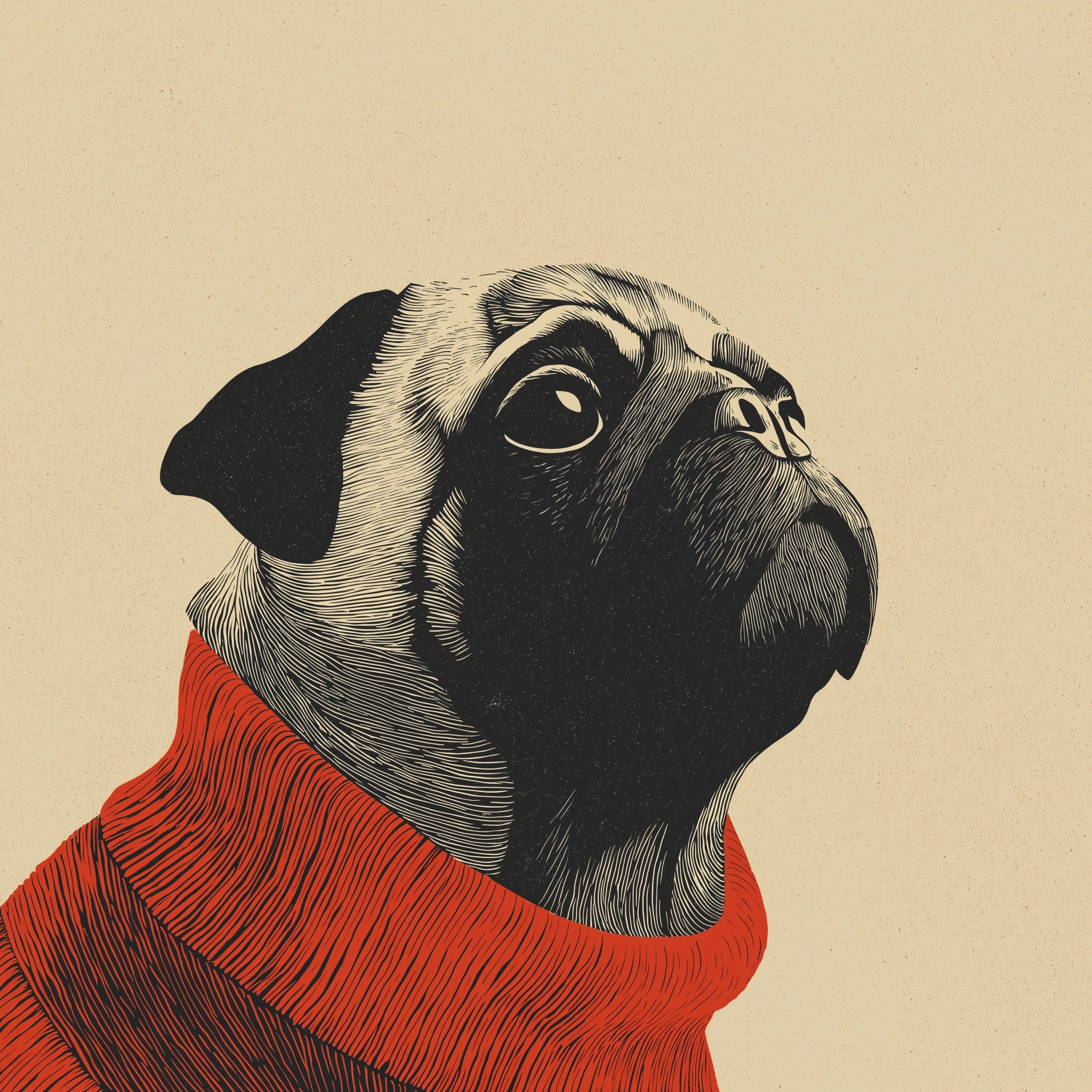 Digital surrealist illustration of a pug with a solid black head and long