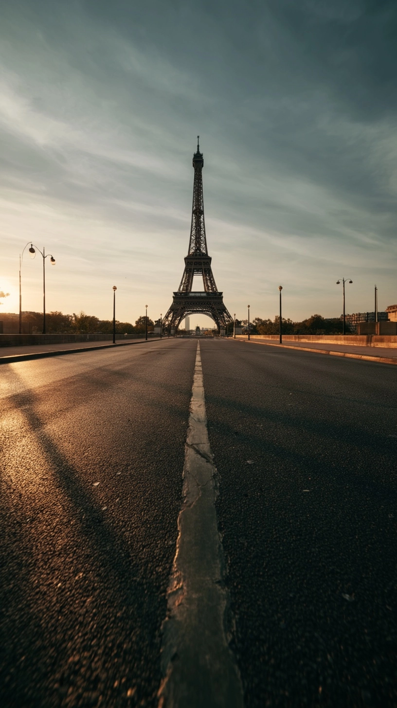 Extreme ground-level shot, camera placed flat on the asphalt on Pont d’Iéna in Paris