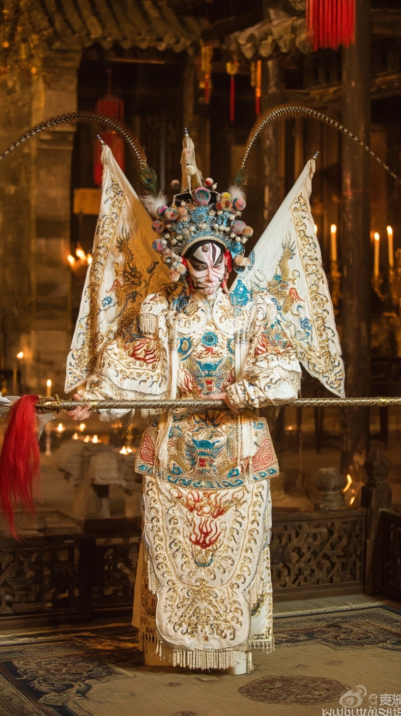 Peking Opera Wusheng on a Candlelit Courtyard Stage