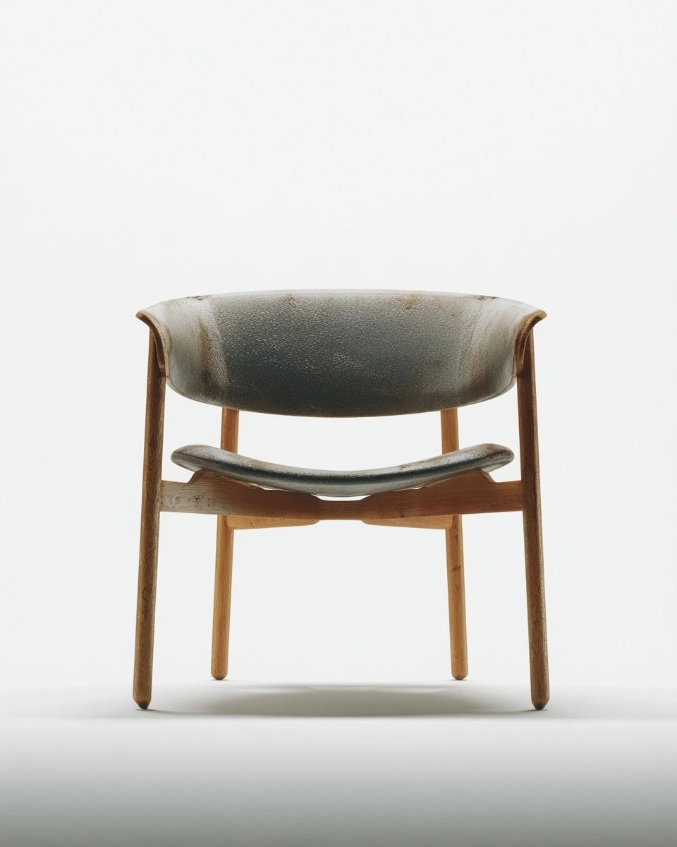 Minimalist armchair, wooden cilindric structure, esbelt design, elegant shapes