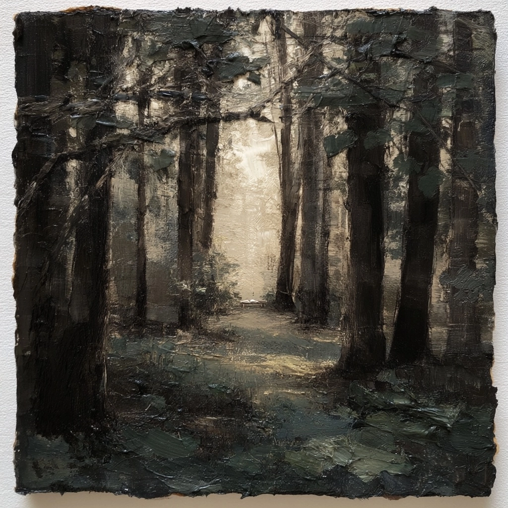 A painting of a deep dark pine forest. There are leaves and branches in the foreground that frame th