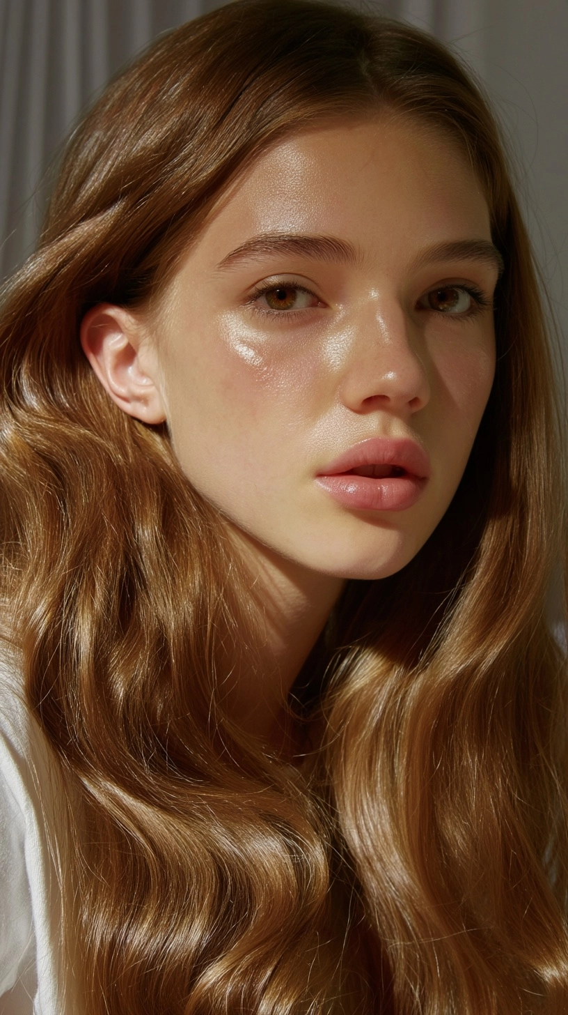 Young woman, around 19 years old, with fair warm-toned skin that feels real and alive soft glow on t