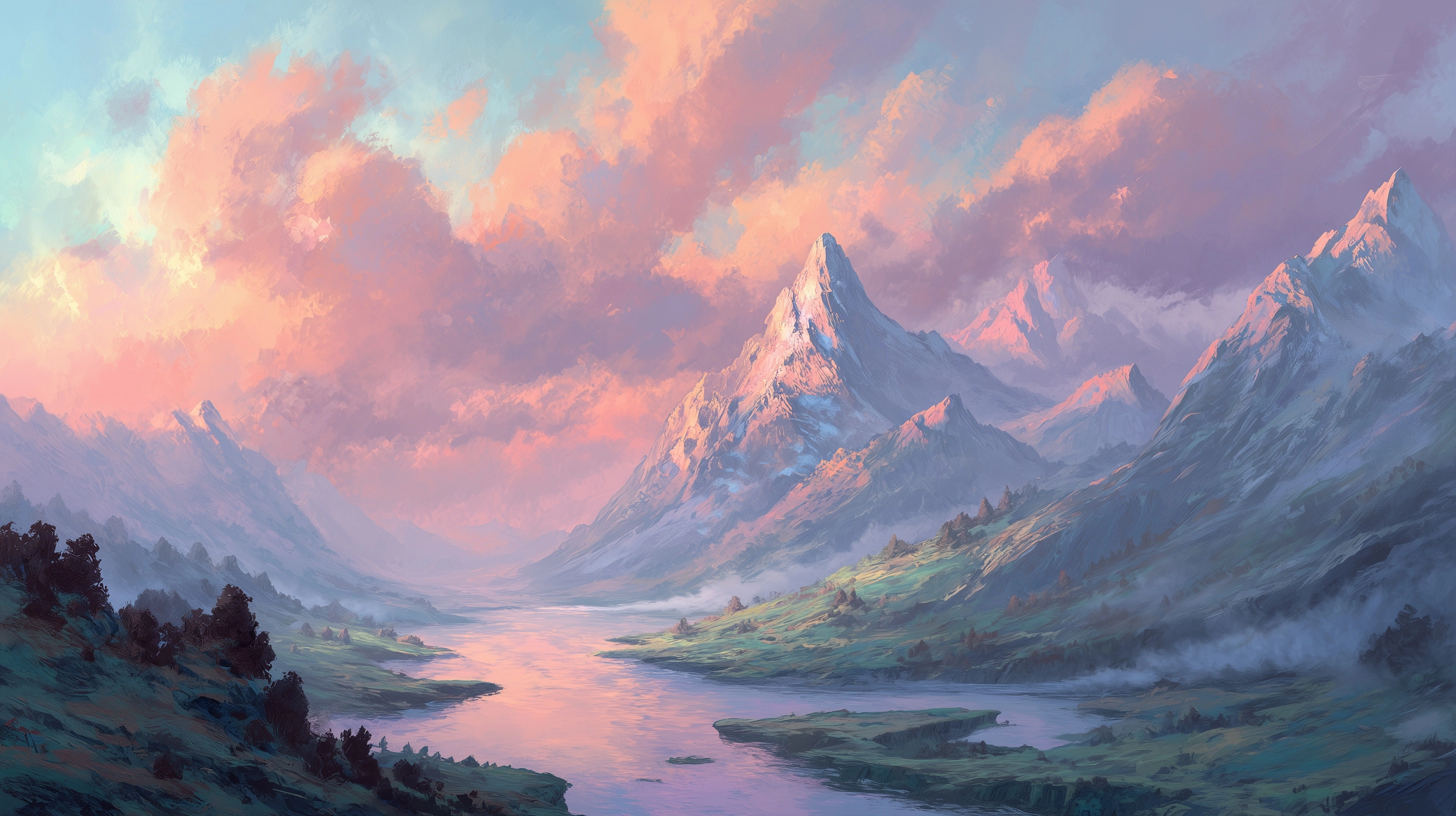 A fantasy landscape in pastel colors, mountains, water