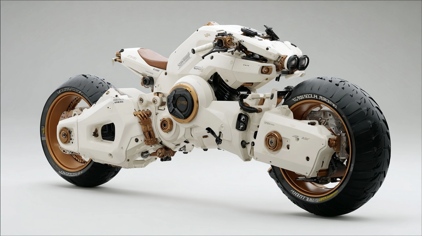 A futuristic, sci fi, hyper bike isolated on a white background. Hyper-realistic prop/set design ref