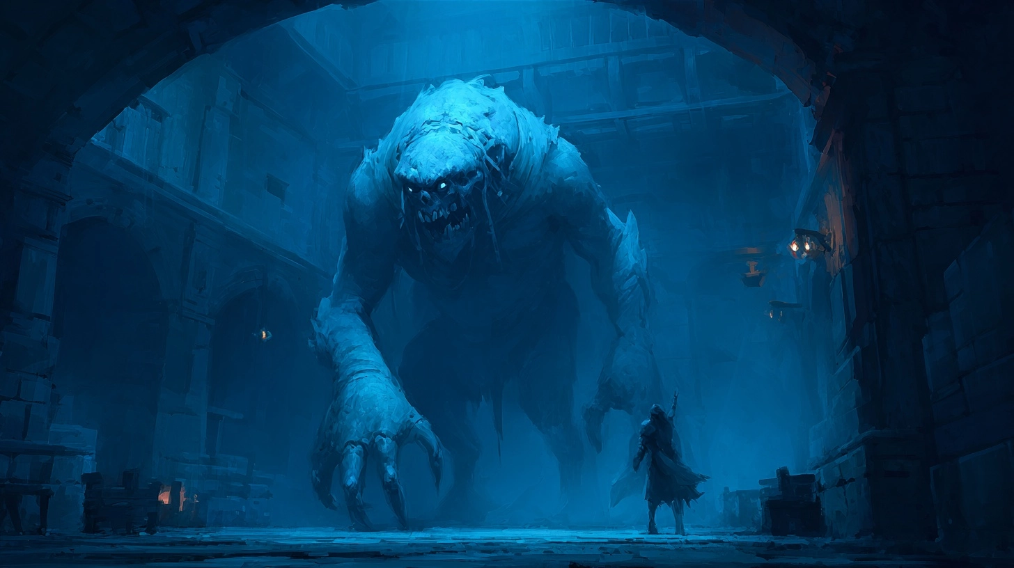 A nightwalker huge undead creature in an underground arena, fantasy, shadowfell