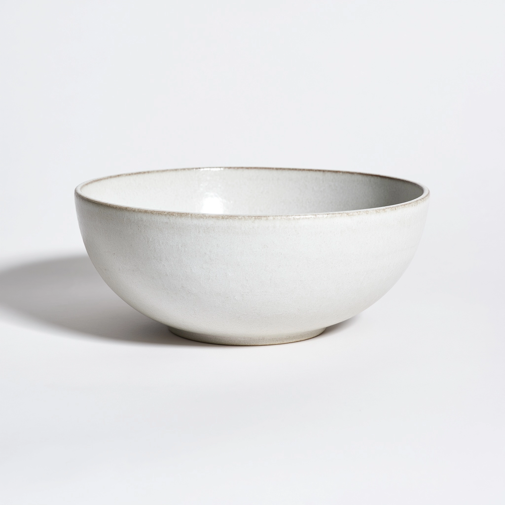A strict front view of an unwashed white ceramic bowl, white background