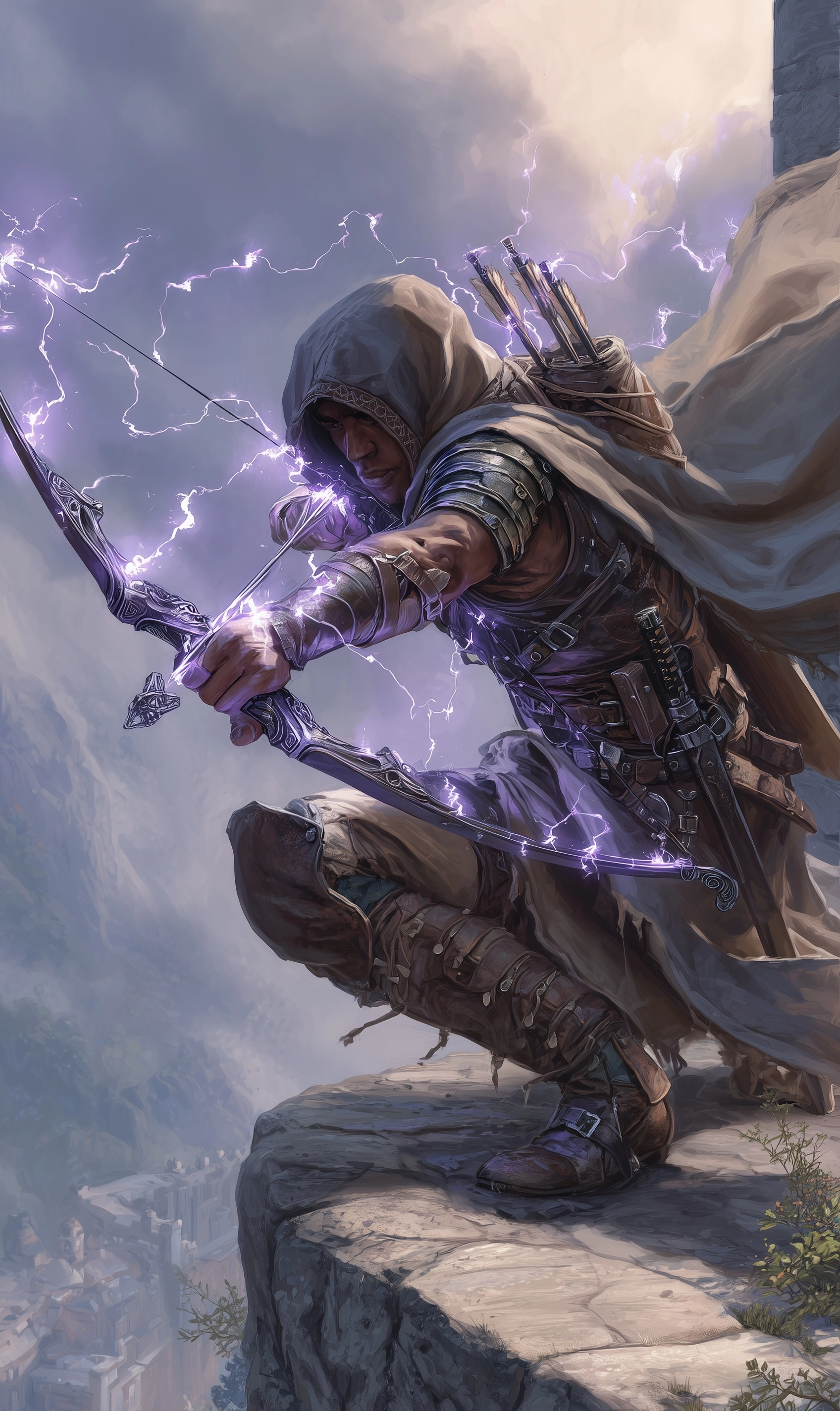Human magus archer crouched on a stone ledge, pulling back a shortbow crackling with violet arcane e