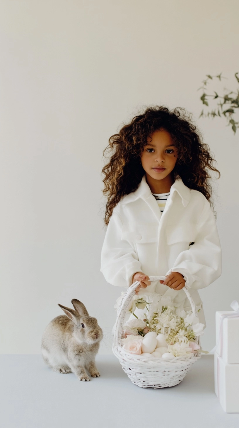 Girl presenting an elegant easter basket with flowers and eggs as a gift, bunny nearby