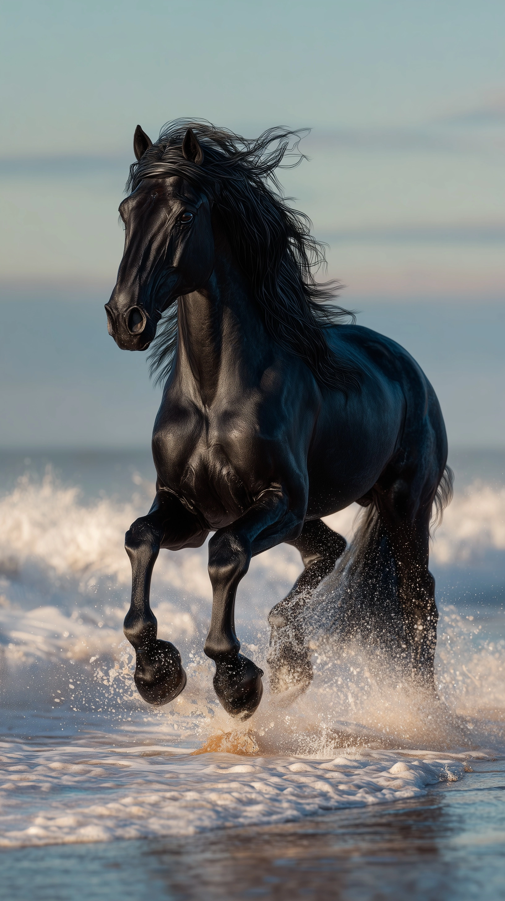 Ultra realistic black stallion galloping along ocean shoreline, powerful elegant body