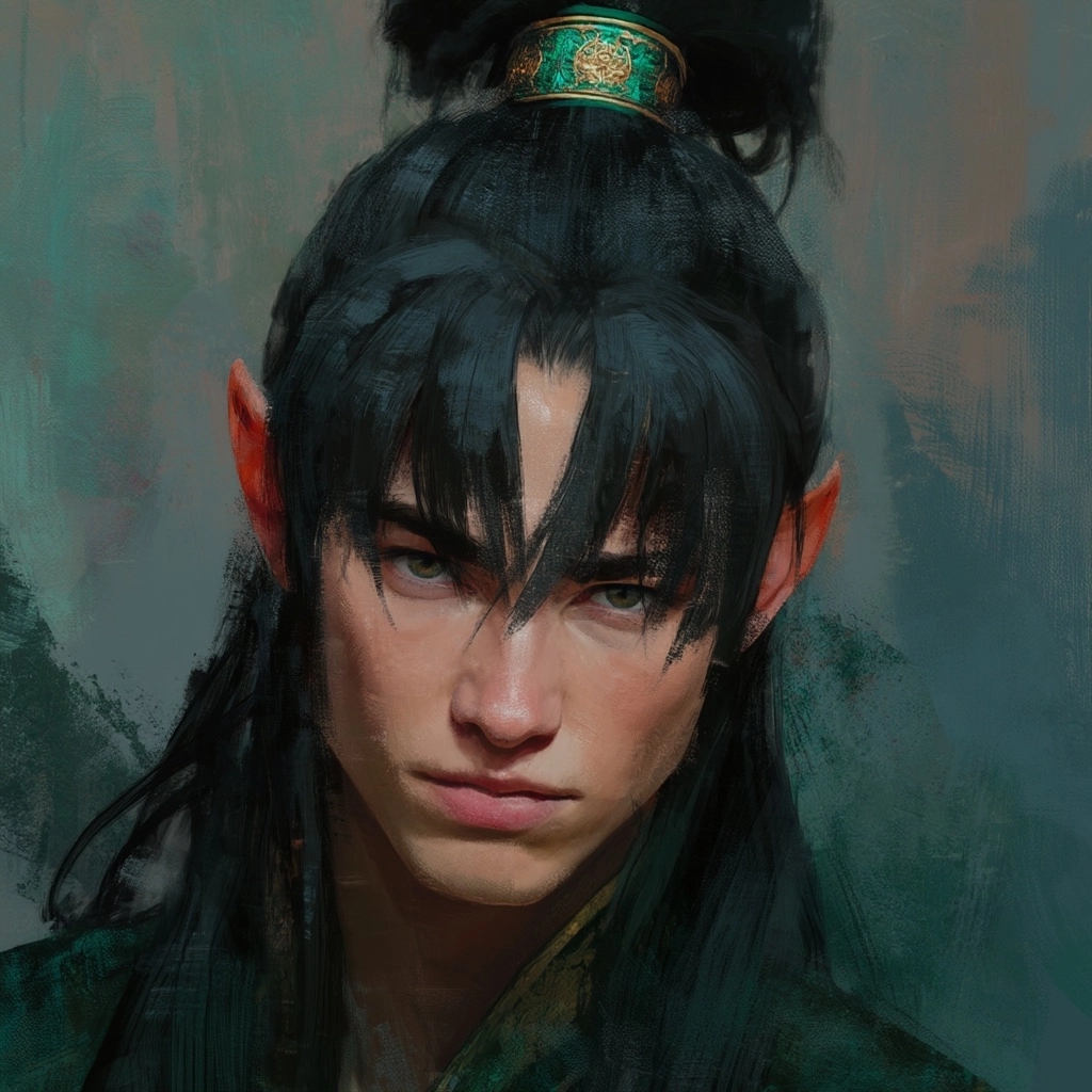 Male elf, high tight ponytail topknot secured at the crown with a decorative green-and-gold filigree