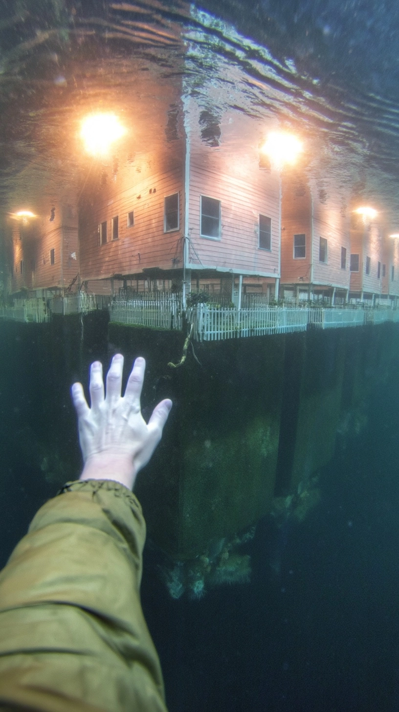 Raw GoPro POV suspended above submerged neighborhood dropping into void: left arm in olive green win