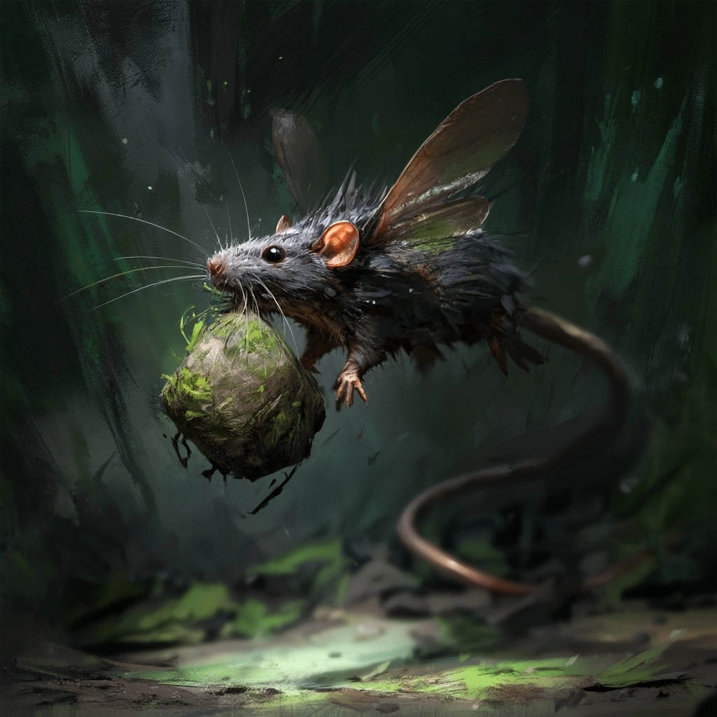 A flying rat with a bag in its mouth is buzzing near your head