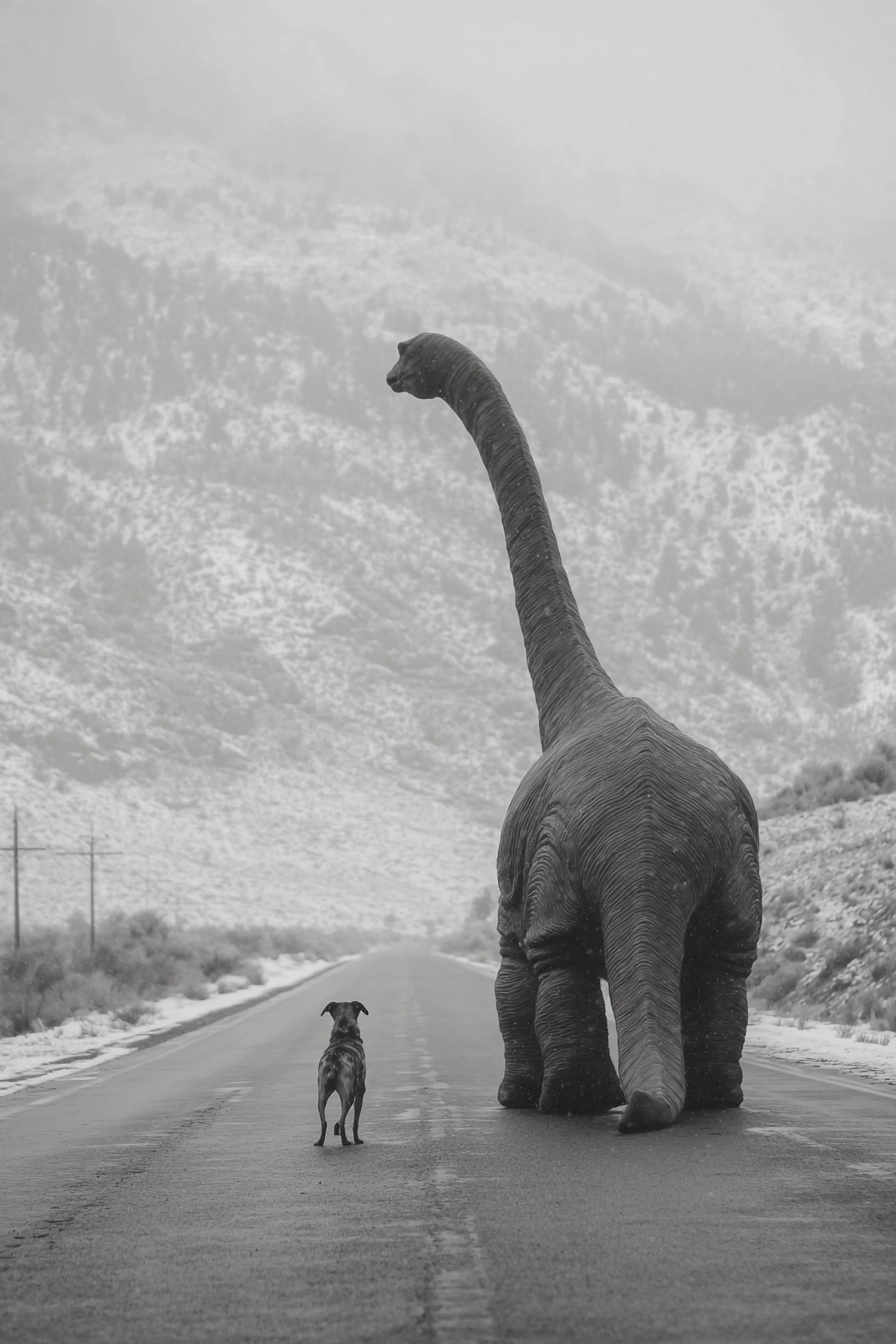 A black-and-white photograph of an adult brontosaurus walking down the road