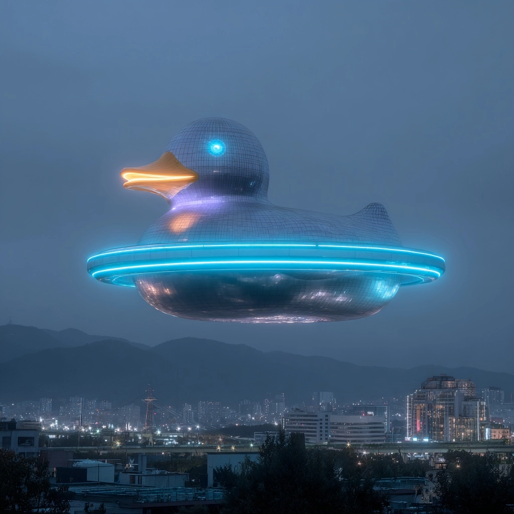 A floating metallic gray and neon blue rubber duck shaped gigantic mothership floating over a city