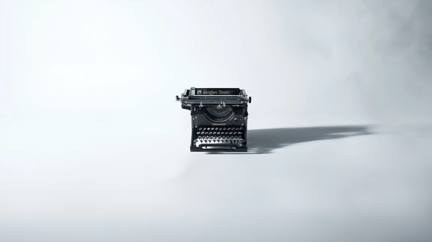 A minimalist, pure-white, compressed interface: an antique mechanical typewriter hangs suspended in