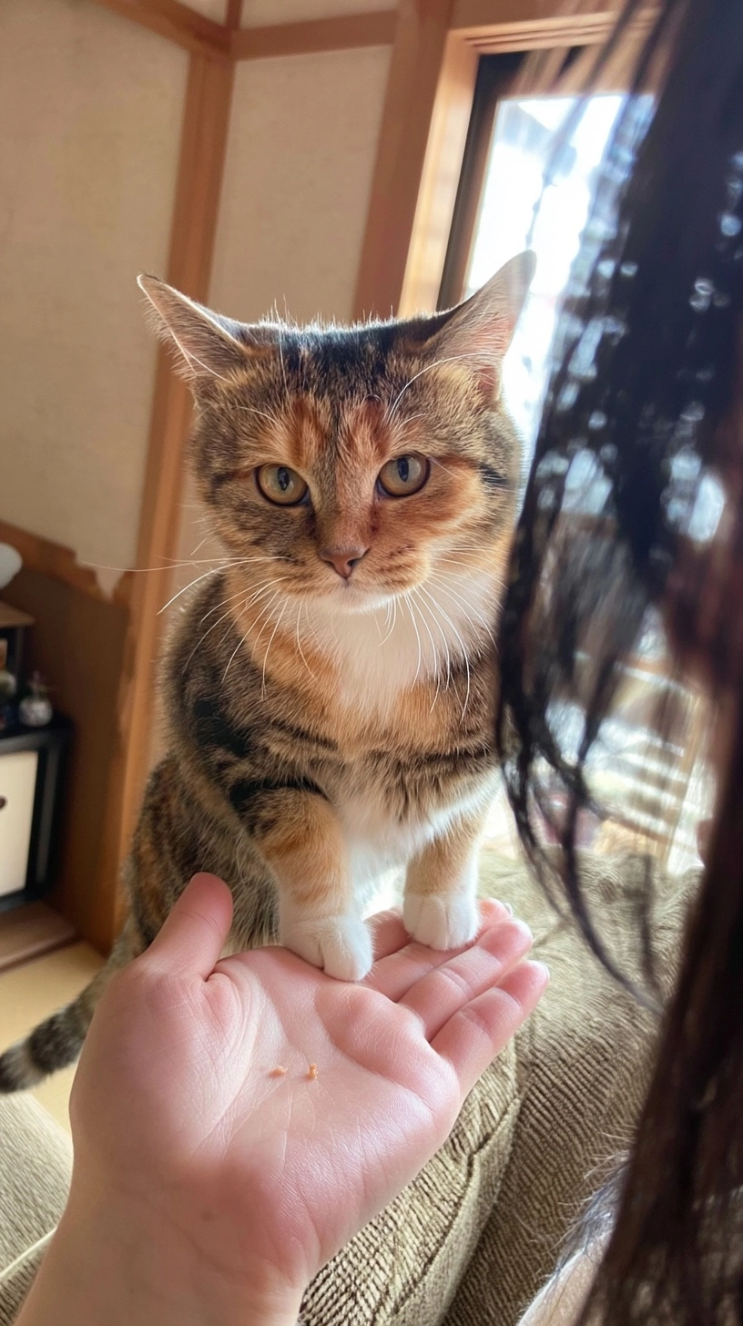 A nanoscale cute cat is standing and eating cat-snack on a 20s beautiful Japanese girl's hand