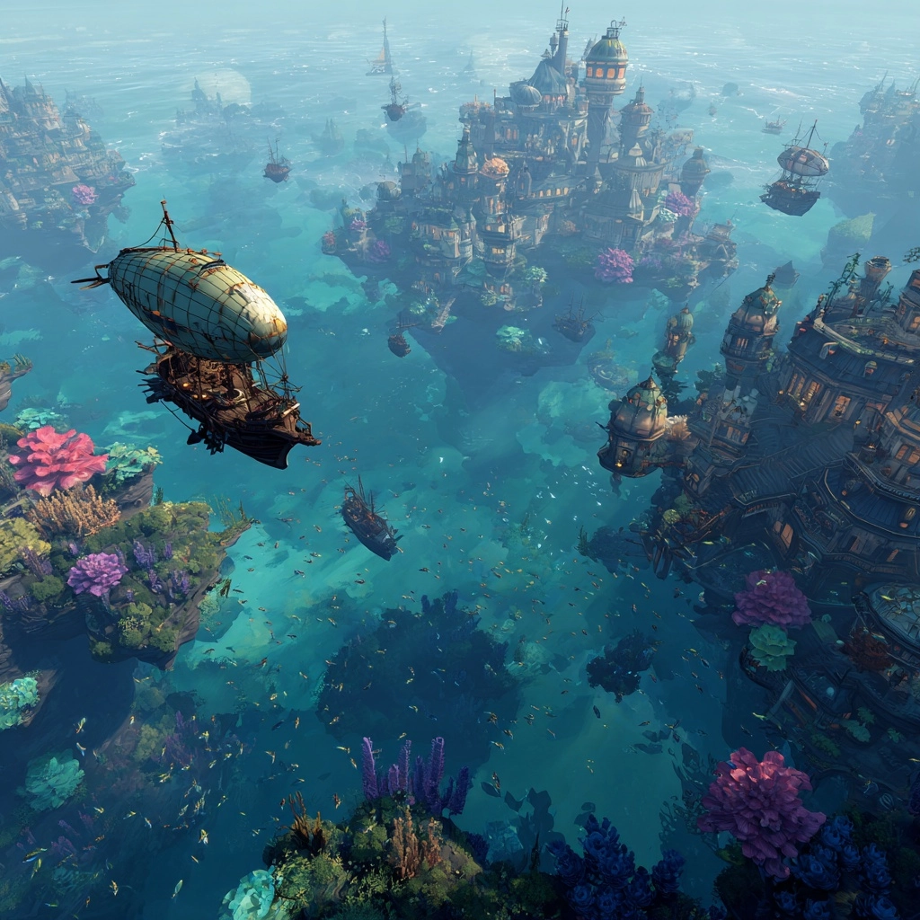 A water world with 1700s steampunk vibes. Floating towns tied together, airships