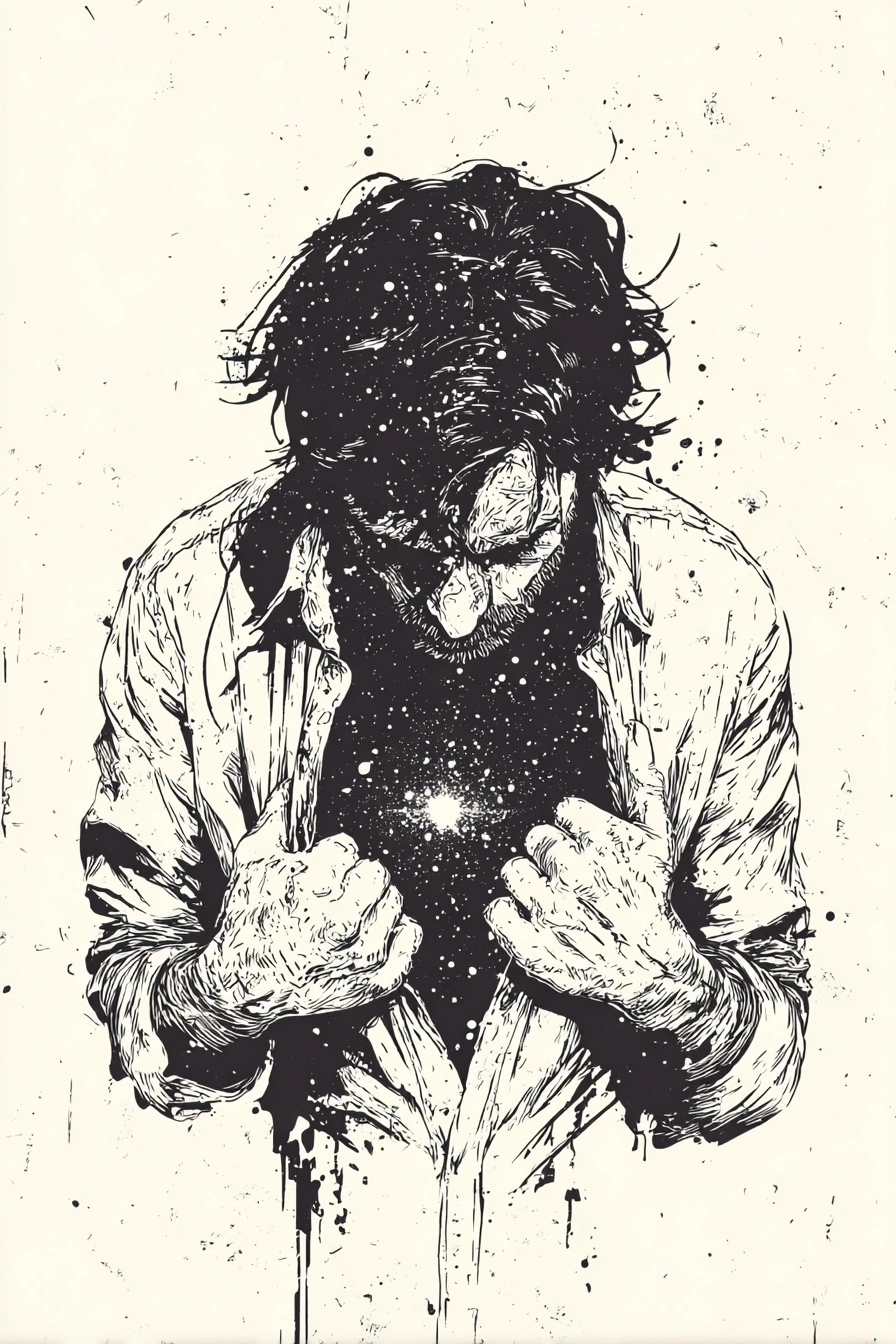 A surreal black ink illustration of a man tearing open his chest like a curtain