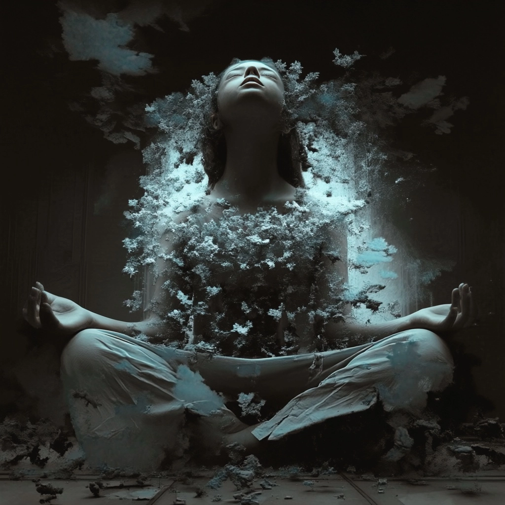 Fractal intelligence seated with legs folded inward, knees angled outward