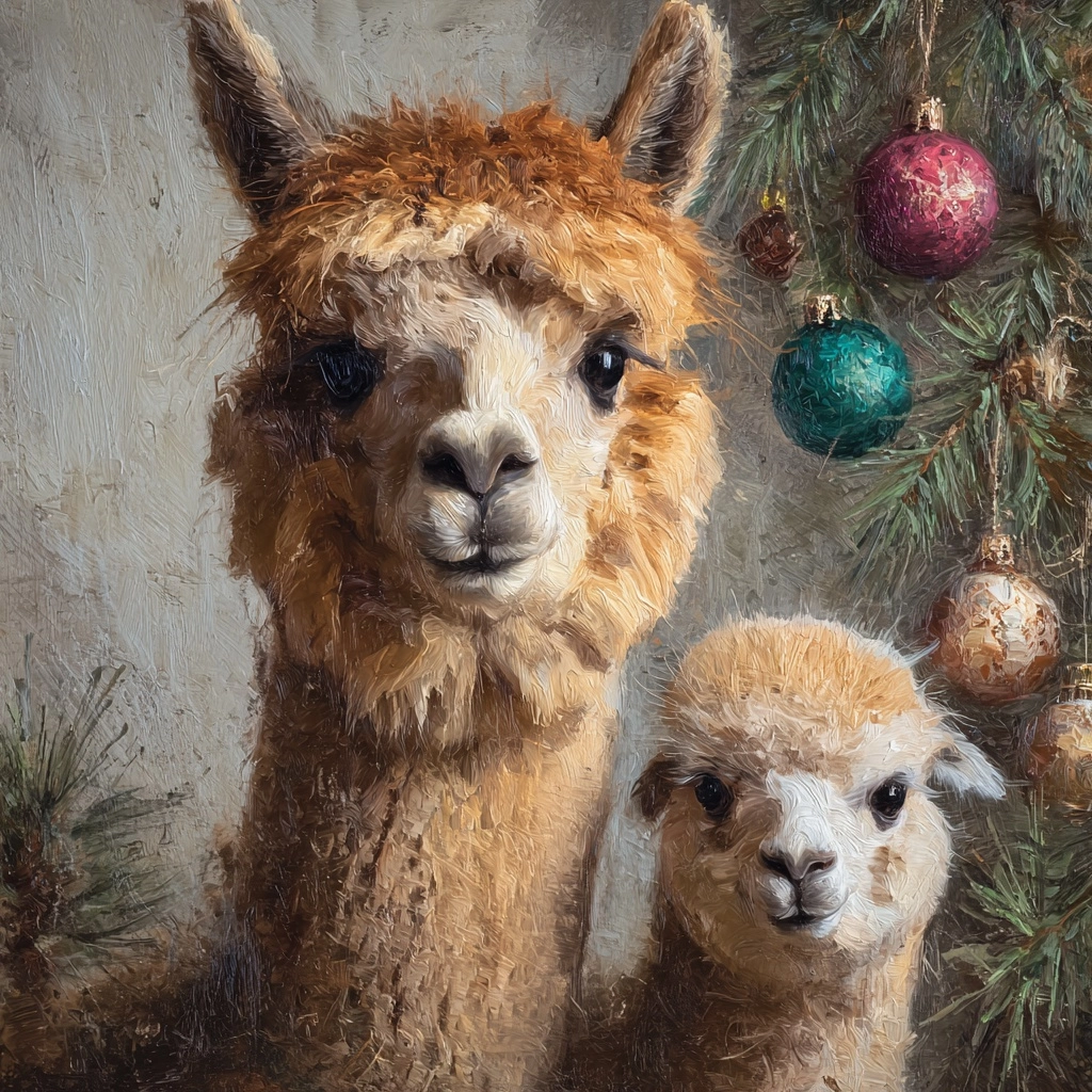 Abstract realism portrait of a momma alpaca and her baby with pine branches and Christmas ornaments