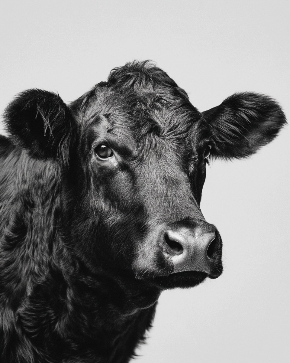 Black and white close-up portrait of a cow, slightly turned head (3/4 angle)