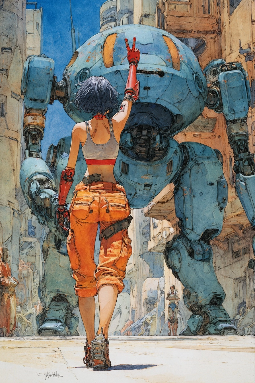 By Moebius, by Masamune Shirow， cyberpunk style, G Nib