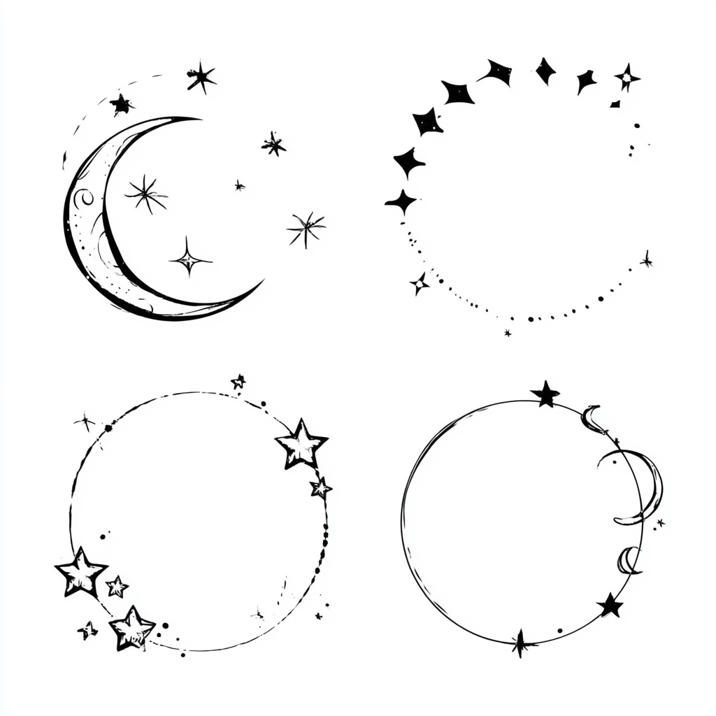 Collection of simple celestial frames with moons and stars, minimal line art, cute doodle style