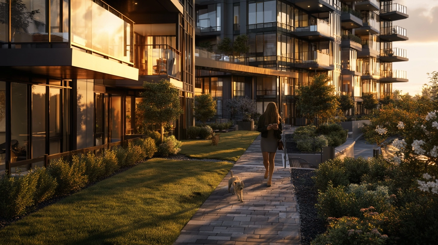 Exterior of a very high end luxury apartment complex at late golden hour