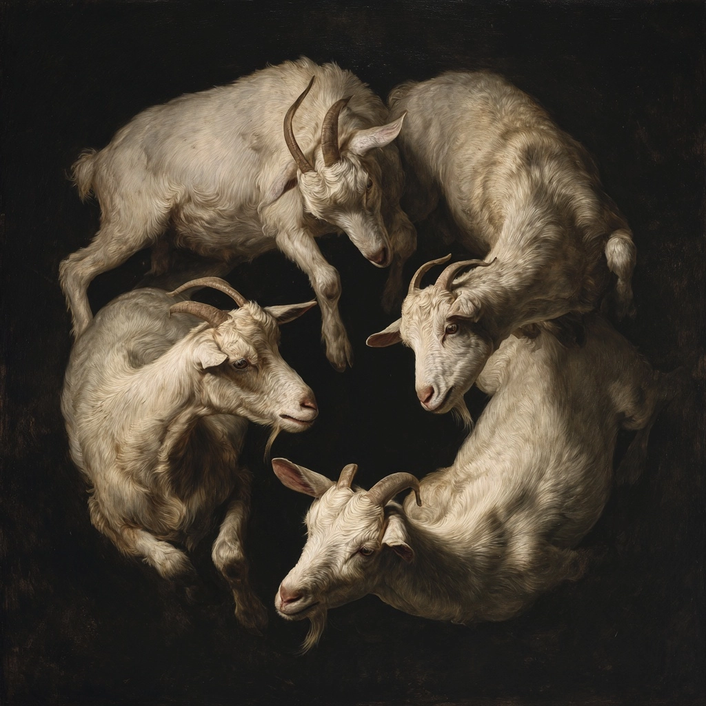 Five goats intertwined in a symmetrical composition, forming an organic loop