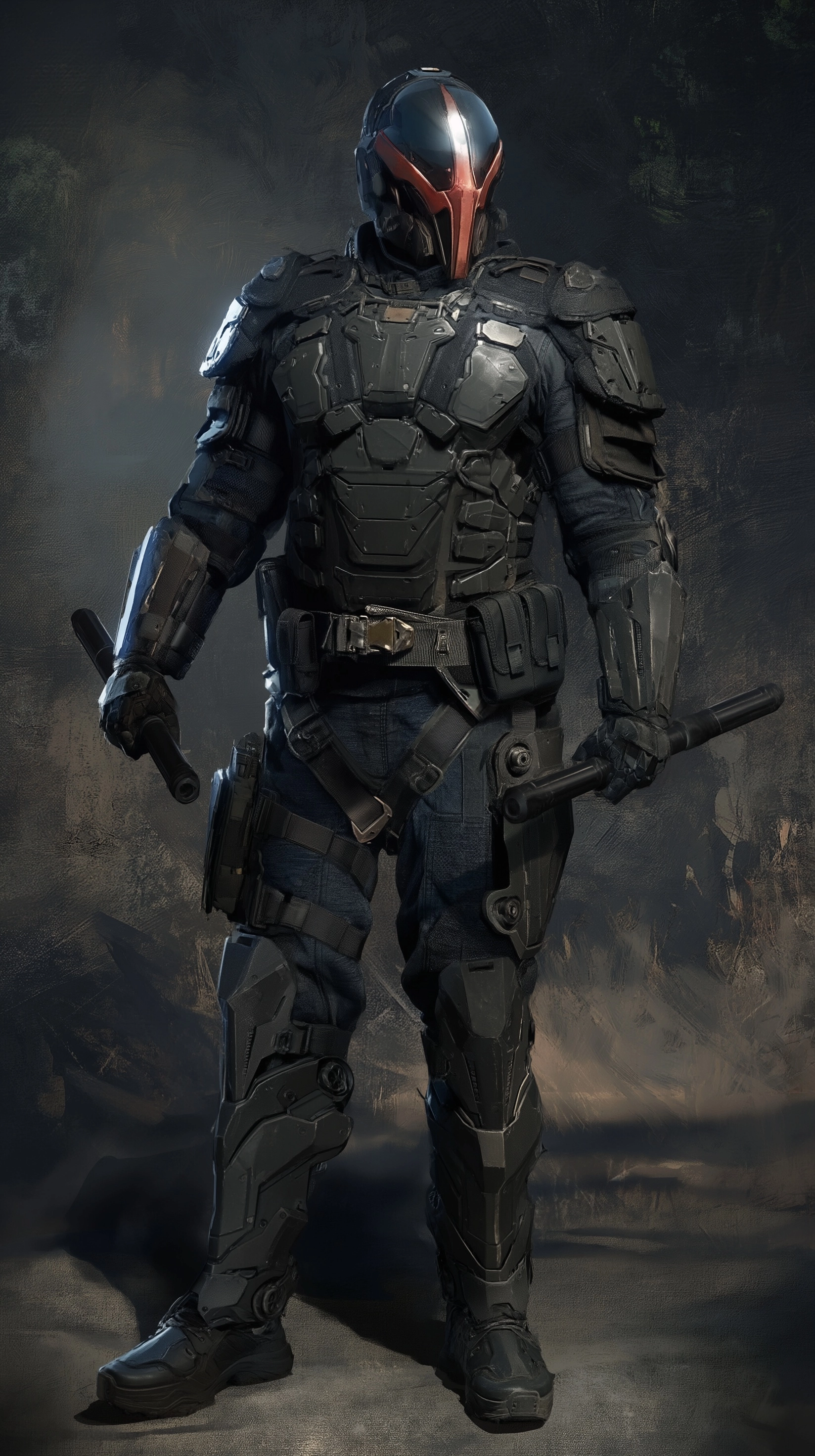 Full body shot, enforcer Vance, full tactical armor, gravity batons in hand, masked face