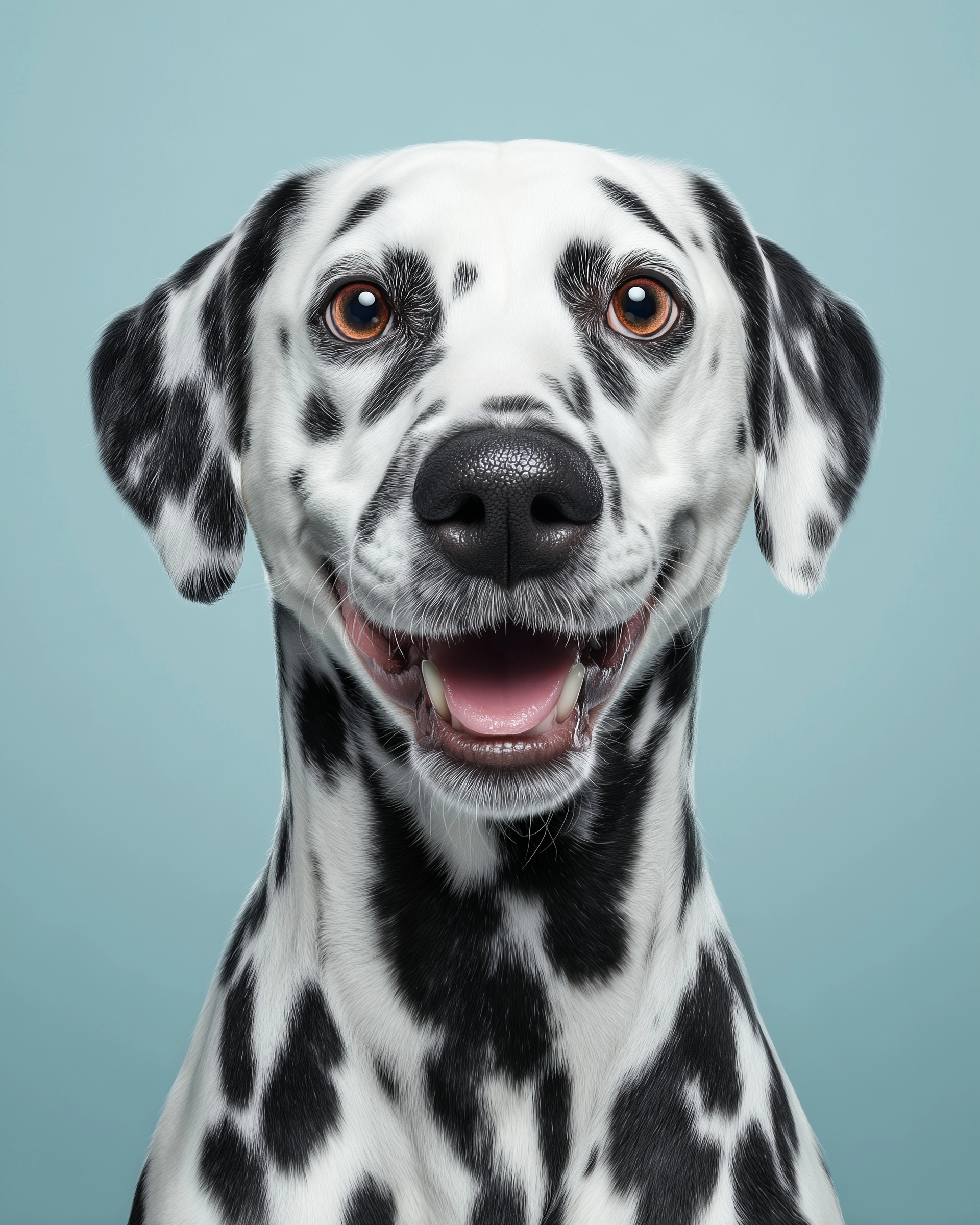 Happy Dalmatian dog portrait, close-up, friendly expression, slightly open mouth, bright eyes