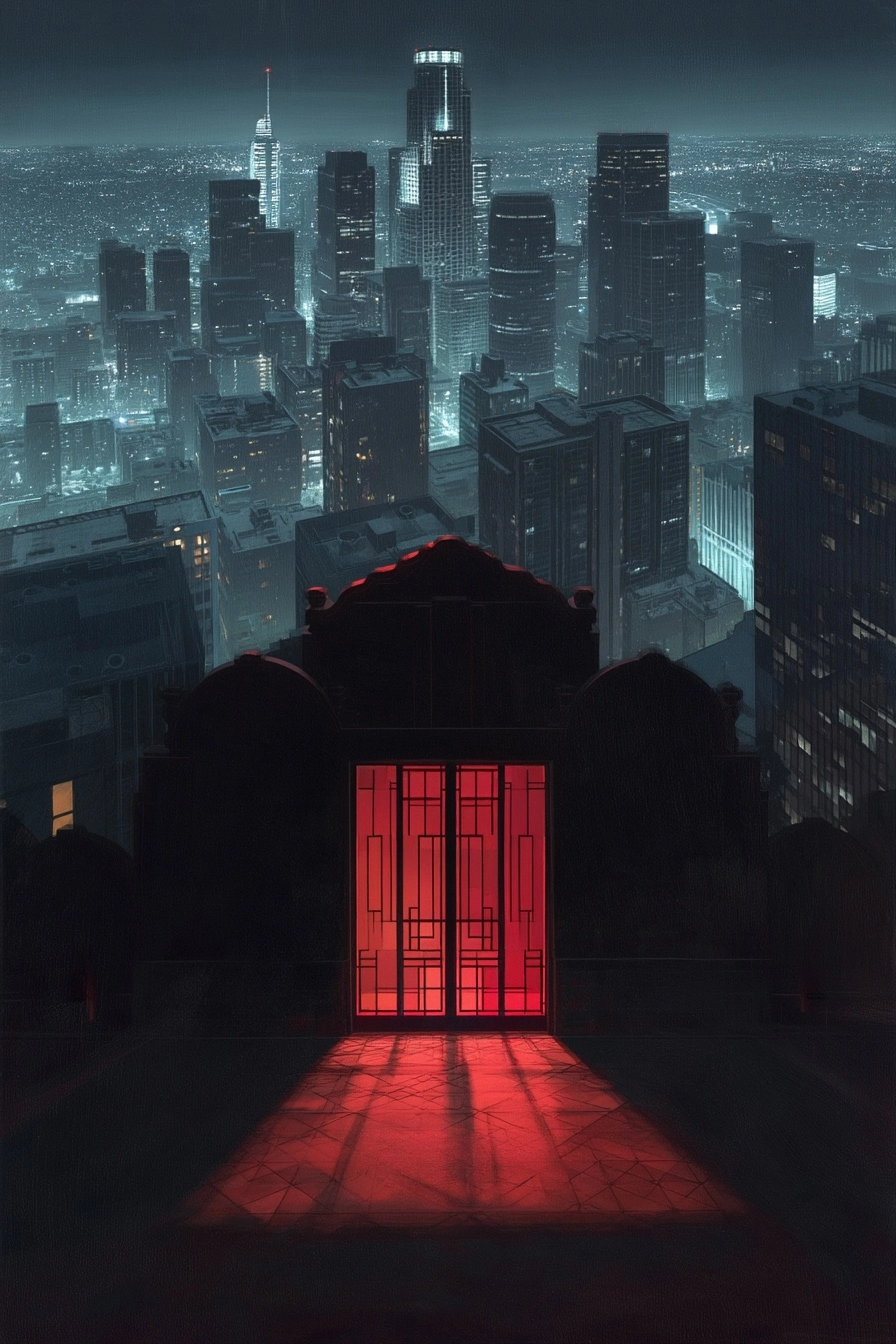 Los Angeles gothic, dark deco, minimalism, by Robert Hoppe, by Hiroshi Nagui